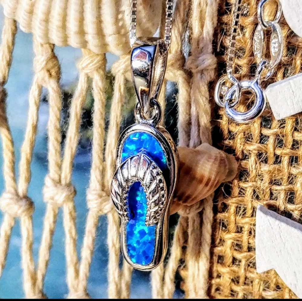 SOLID STERLING SILVER FLIP FLOP BLUE OPAL INLAY